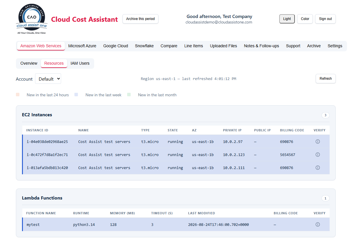 Live cloud resources listed with tags and age colour coding