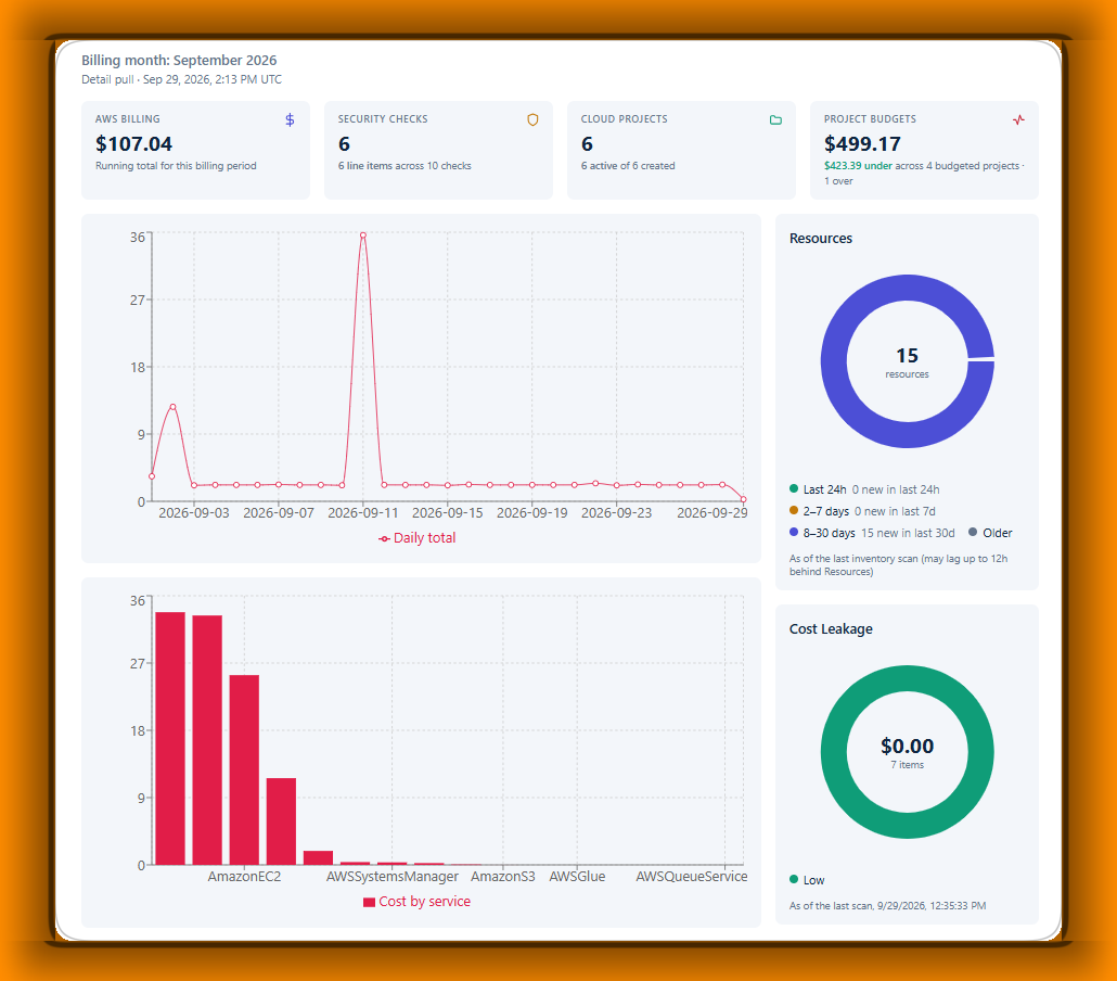 Cloud Cost showing a billing month's total, security checks, projects and budgets as summary tiles, with daily spend and cost-by-service charts and resource and cost-leakage donuts